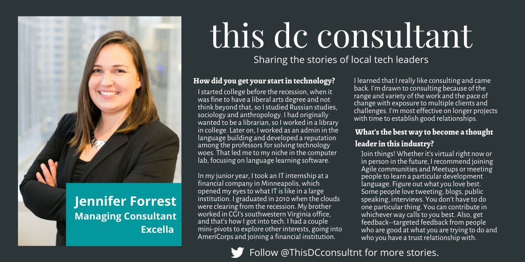 ThisDCconsultnt's tweet photo. Meet Jennifer Forrest, Managing Consultant at @ExcellaCo, and learn about her path to a career in consulting and her tips for becoming a thought leader in the industry. #DCtech #consulting #womenintech #thoughtleadership https://t.co/i1B2ewA9Cw