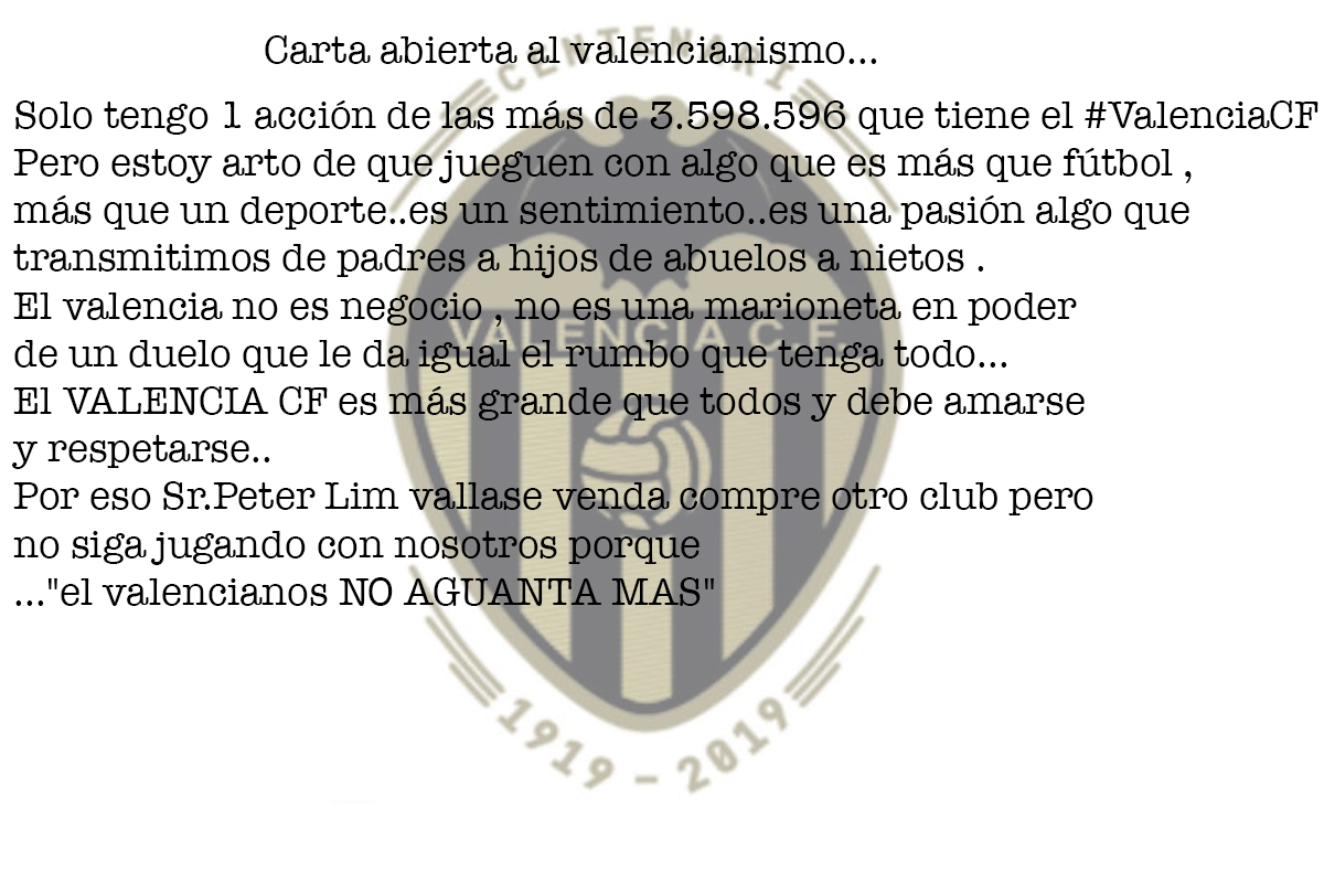 jlcortes87's tweet photo. Carta al Valencianismo... #valenciacf #valencia  #vcf #amuntvalencia #mestalla  #amunt #valencianista #somvcf #somvalenciacf #amuntvalenciacf #sempreamunt  #che #amuntmesquemai @julioinsadji @PeterLoohan @Generaldepie_ @valenciacf @amuntvalencia_1 @TOTVALENCIACF @Radioesport914 https://t.co/oVyciLbMy8