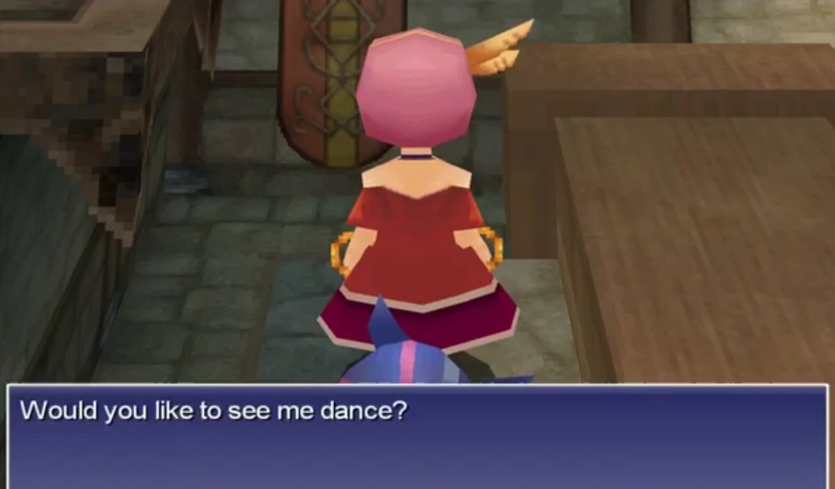 In FFIV (yes again, this entire game is weird) there is a girl who offers a dance. If you pick yes, she'll transform into a monk, start dancing around on the chairs, and then turn around and promptly change back into a dancer girl. It gives you nothing & is never adressed again.