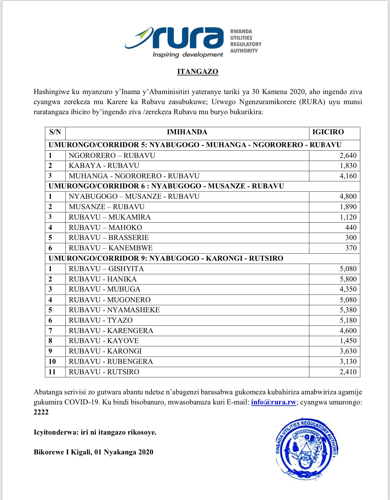 Rwanda Utilities Regulatory Authority Rura Itangazo Rijyanye N Ibiciro By Ingendo Ziva N Izerekeza Mu Karere Ka Rubavu Announcement Regarding The Tariffs For Public Transport Services To And From Rubavudistrict T Co