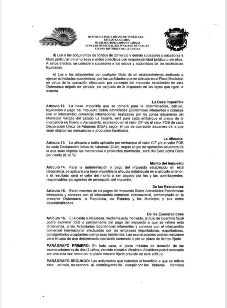 azevedopaixao's tweet photo. Gaceta Municipal que regula de manera especial Impto a Actividades Económicas inherentes al comercio internacional realizadas en zona aduanera de La Guaira con una alícuota del 0,12% por embarque al valor CIF y/o Fob de cada DUA según el tipo de operación aduanera @PwC_Venezuela https://t.co/GhvoQJ1zRX