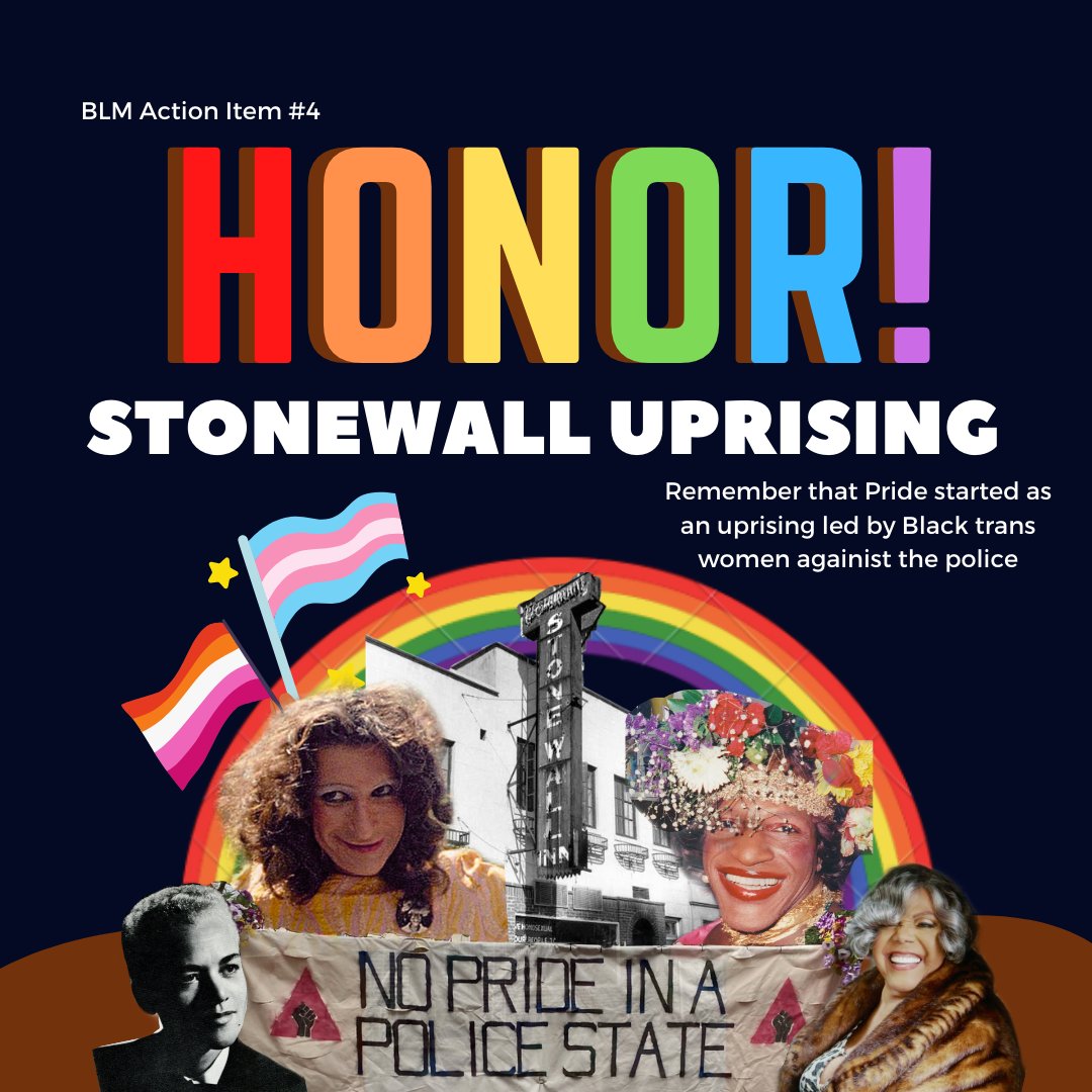 wssouga's tweet photo. In honor of the 51st anniversary of the #Stonewall Uprising, our 4th #BlackLivesMatter action item is to recognize the trailblazers that made it happen, and remember that Pride started as an uprising led by Black trans women against the police. https://t.co/fNBUwROvfS