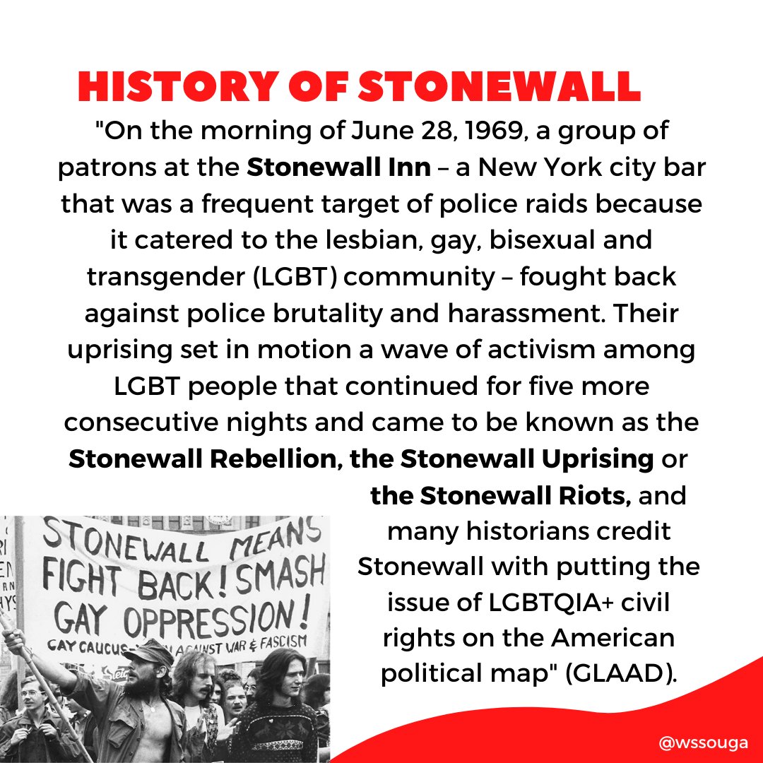 wssouga's tweet photo. In honor of the 51st anniversary of the #Stonewall Uprising, our 4th #BlackLivesMatter action item is to recognize the trailblazers that made it happen, and remember that Pride started as an uprising led by Black trans women against the police. https://t.co/fNBUwROvfS