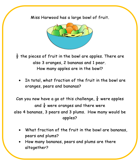 HillMeadYear3's tweet photo. We have another @nrich problem for you to solve.

½ the pieces of fruit in the bowl are apples. There are also 3 oranges, 2 bananas and 1 pear. 

How many apples are in the bowl?

Have a go at the fruit challenge below. https://t.co/ZziVZr8vfY