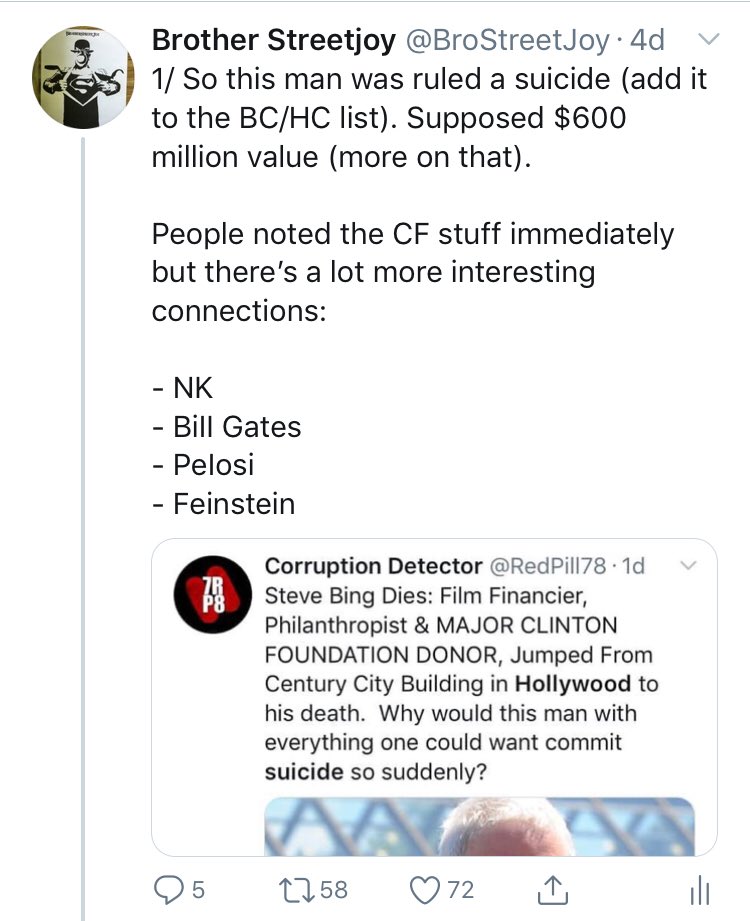 1/ Ok strap in all. I was hoping someone else would do this because it’s so massive. Wikipedia has a full list of the Giving Pledge Contributors (Gates & Buffets “charity”)I came to it when digging on B!ng, the CF donor Hollywood guyWho just killed himselfThe list is insane