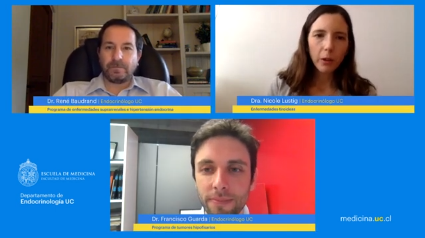 FacMedicinaUC's tweet photo. Académicos de Endocrinología #MedUC prepararon charla sobre enfermedades endocrinas en tiempos de #COVID19: tiroides, tumores hipofisarios, enfermedades de la glándula suprarrenal e hipertensión endocrina y urgencias. https://t.co/gllER9ACWr https://t.co/mHFlNMeOXN