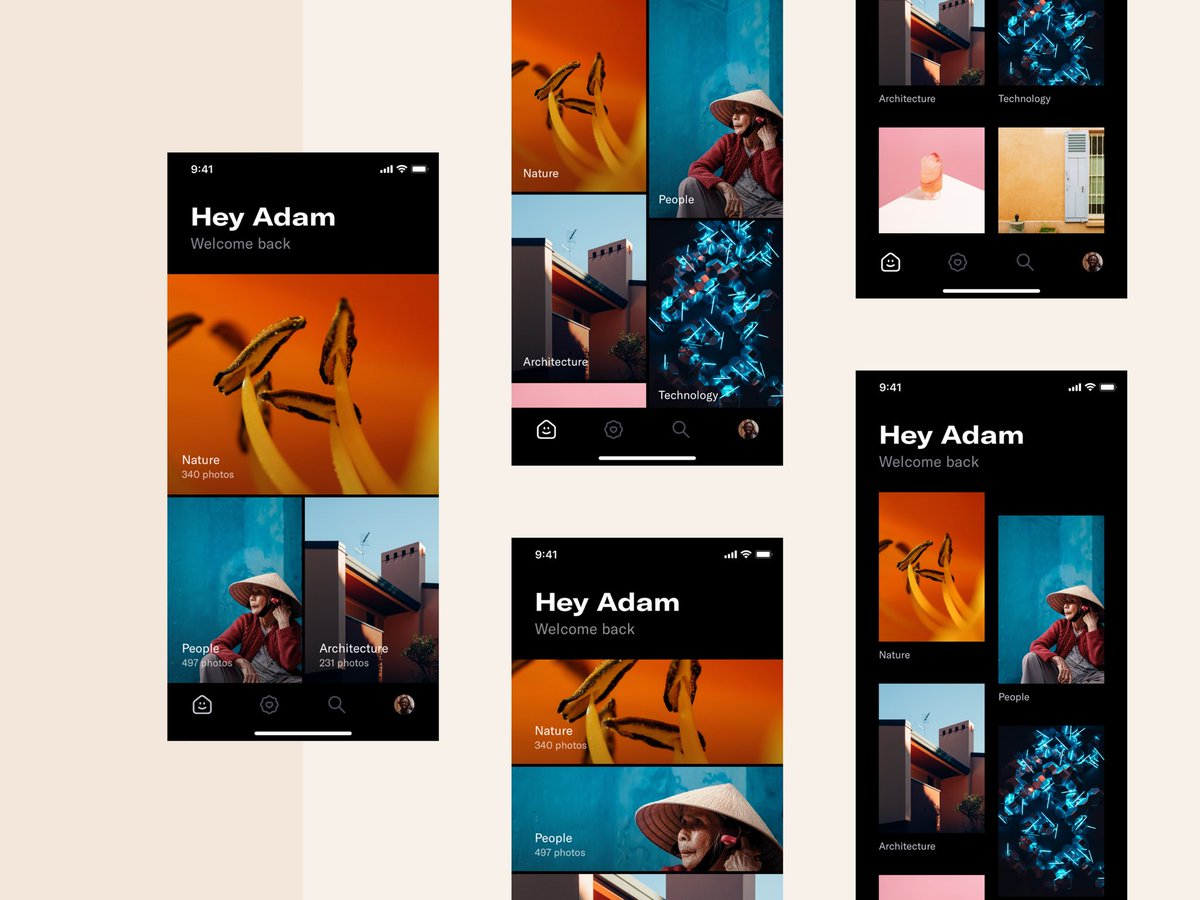 madebyoverlay's tweet photo. Some unused concepts for a photography app, exploring different grid layouts. https://t.co/fkLzgwgRrd https://t.co/kITUeXHsT2
