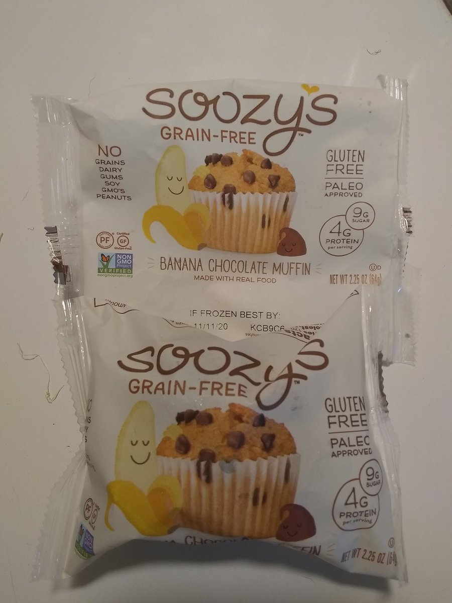These are my new favorite thing... <a href="/SoozysGrainFree/">Soozy's Grain-Free</a> Gluten free banana chocolate chip muffins... They've got eggs in them, which I'm allergic, but it's worth it since it's like the closest thing gluten free banana I can get.