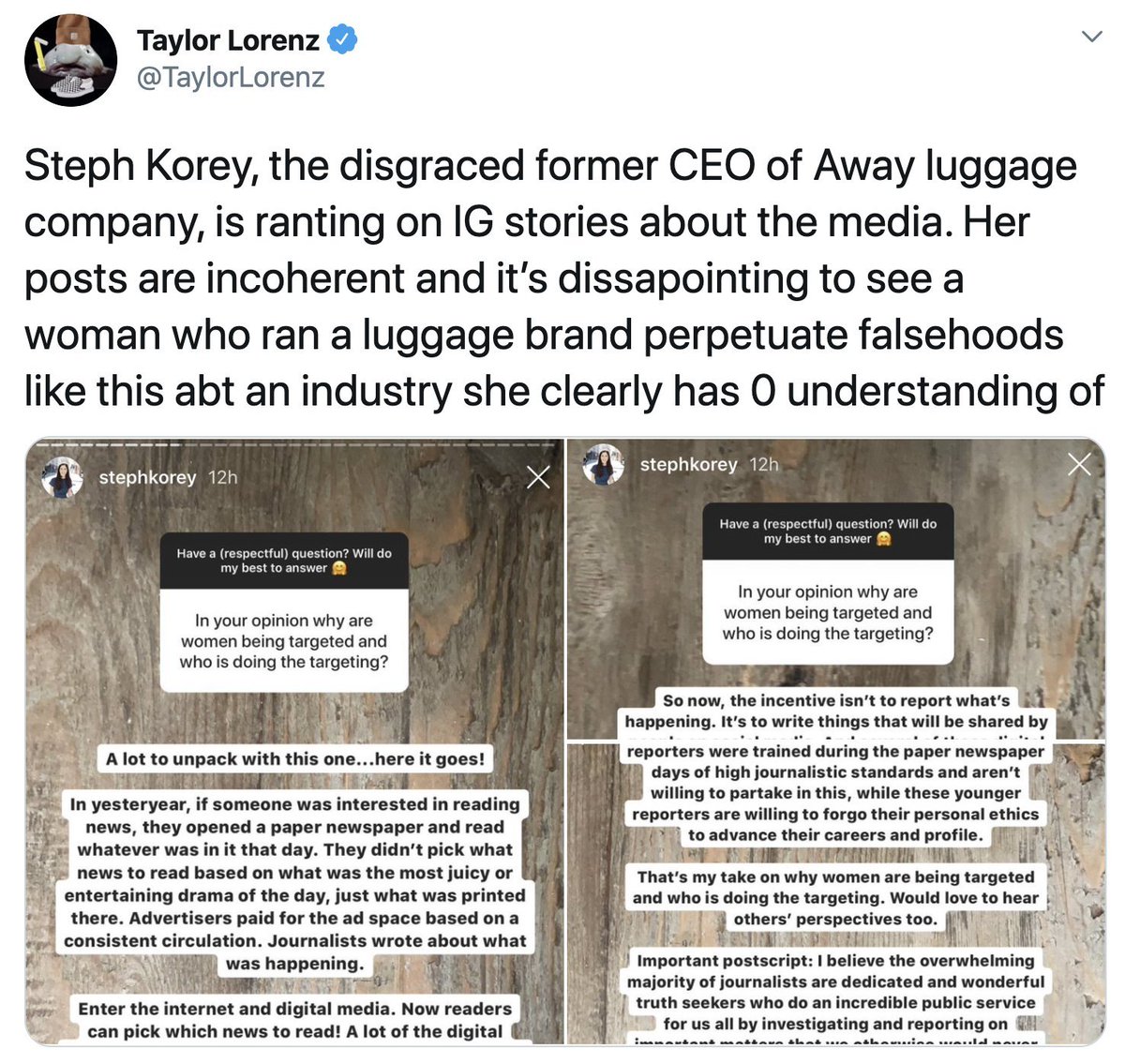 Taylor Lorenz:- Attacks a female CEO out of the blue- Made a factual error ( @stephkorey is still Away CEO!)- Violated NYT social media guidelines - Then omits her own attack & plays victim ( http://archive.is/rU1Oa )This is how it works. These "journalists" are sociopaths.