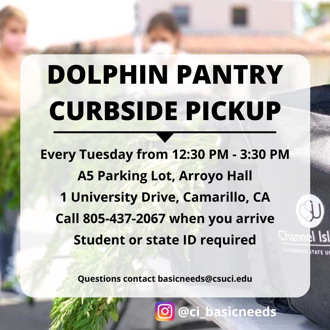 CSUCIDOS's tweet image. The Dolphin Pantry will continue our food distribution through 8/25. The curbside pickup will be available Tuesdays 1:30pm-3:30pm. When parked in the A5 lot next to Arroyo Hall please call 805-437-2067 and a staff member will come out with a bag of groceries for you.