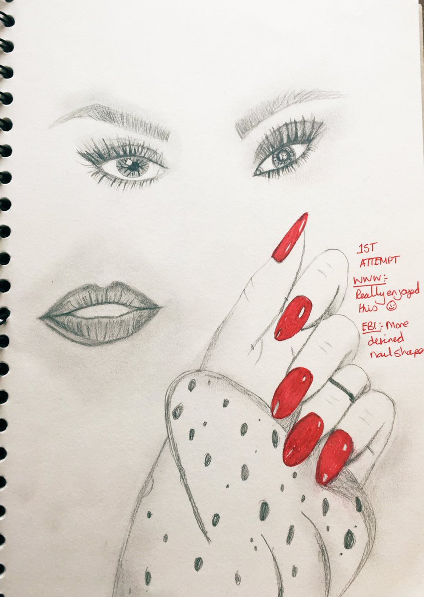 HairMea's tweet photo. A sneaky peak at some of the creative drawing ideas for the H&amp;B students to enjoy completing this summer. After some self reflection, I’m much happier with my 2nd attempt at drawing the hand and nails. 💅🏻👍🏻#creativity #keeptrying @MEAcad https://t.co/OxUVMDHS3f
