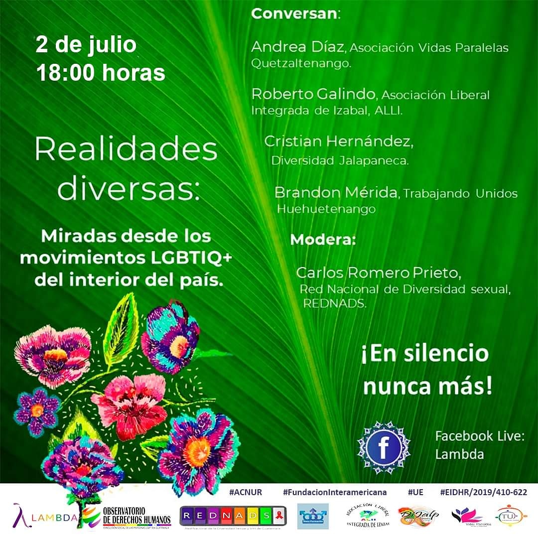No se olviden que mañana estaremos conversando, a través de Facebook Live, acerca de los movimientos LGBTIQ+ de distintos departamentos del país.  

Compartamos para que más personas se enteren.

#LGBTI #IgualdadDignidadDerechos  #Orgullo2020