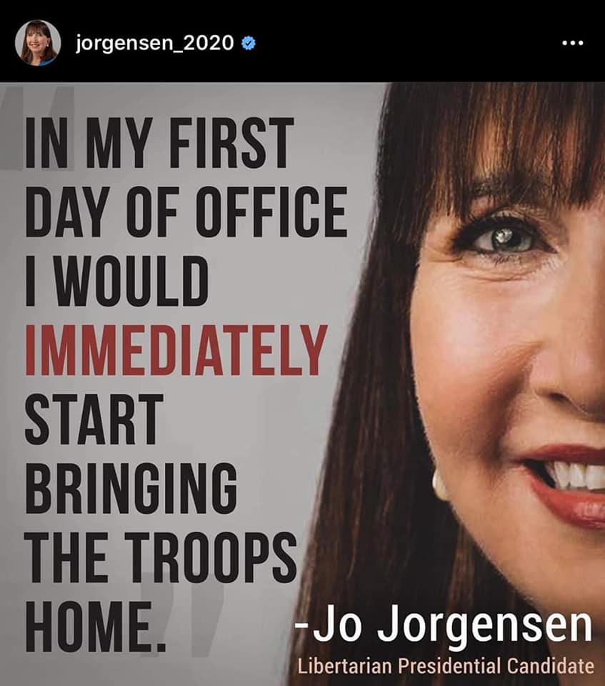 PeaceLibLady's tweet photo. Bring the troops home. Something Trump and Biden WILL. NOT. DO. #LetHerspeak #TeamJo #DebateAccess https://t.co/OzJKK9R4nI
