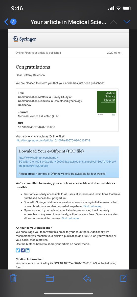 Brittdavidsonmd's tweet photo. It’s a good omen when you get an email saying your paper has been published online and you’re a brand new intern on July 1, right? Congrats #elizabethhowell @dukeobgyn @vitaltalk #communicationmatters https://t.co/dc6RHXxd7d