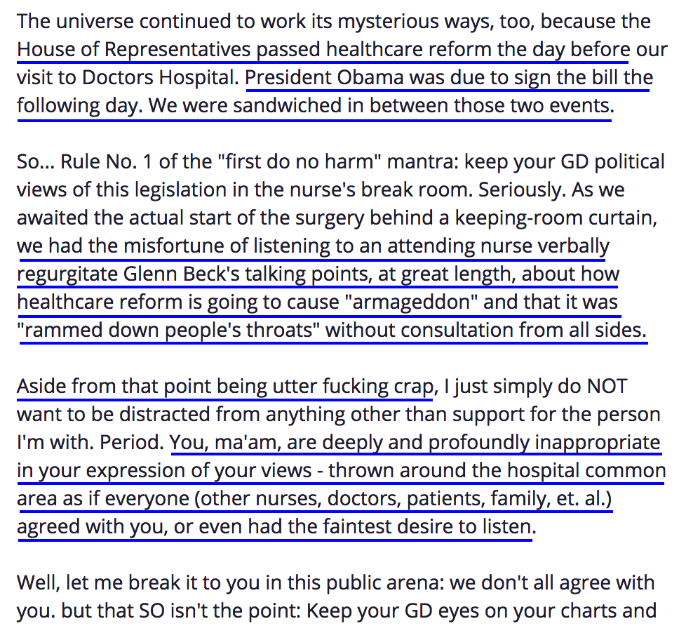 in a LOUD shouty voice attending nurse went OFF on Obama spewing Fixed Noise primetime nonsense of how  #ACA would lead to anarchy and Obummer was a king blah blahI wrote scathing Yelp review and sent a print copy to the hospital  #HospitalKaren