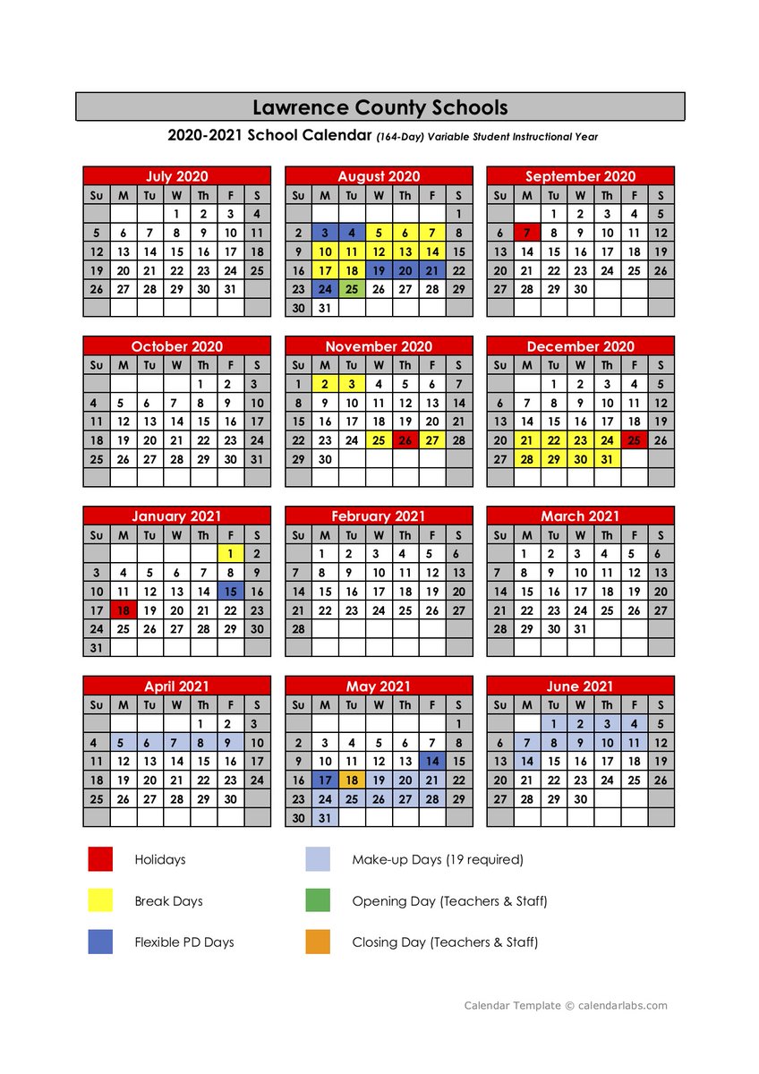 vernonhallLC's tweet photo. Updated Lawrence County Schools 2020-2021 School Calendar:

🗓️August 26 - 1st Day for Students (K-12)
🗓️September 9 - 1st Day for Preschool Students

NOTE: This calendar is for both ONLINE &amp; IN-PERSON INSTRUCTION options. https://t.co/yJn86kC5Je