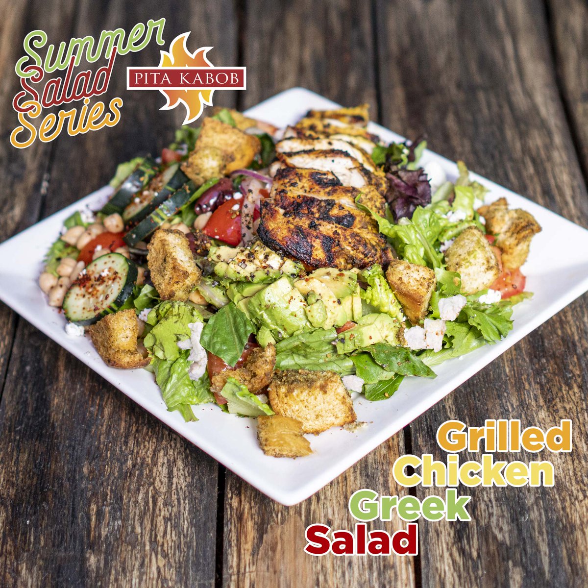 #SUMMERSALADSERIES continues with GRILLED CHICKEN GREEK SALAD! 😋 Shawarma-Marinated Chicken Breast, House Salad, Kalamata Olives, Avocado, Feta, Red Onions, Cucumbers, Garbanzos, House-Made Croutons and Za’atar Seasoning. 🤤 Available throughout July at BOTH of our locations! 😉