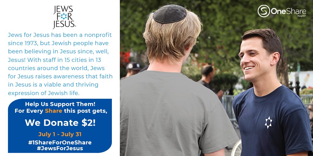 OneShareHealth's tweet photo. Our July #1ShareforOneShare is @JewsforJesus! With staff in 15 cities in 13 countries around the world, they raise awareness that faith in Jesus is a viable and thriving expression of Jewish life. For every RT this post gets, we'll donate $2 (up to $2,000) toward their cause! https://t.co/bFzgJ86zyh