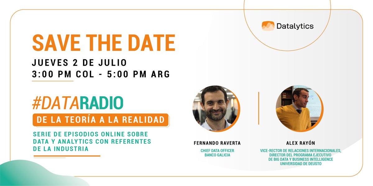 LovelyticsLATAM's tweet photo. 🚀Todavía estás a tiempo de anotarte al séptimo episodio de #DataRadio
Te esperamos mañana en una nueva transmisión con dos grandes invitados:
✔️Fernando Raverta del @BancoGalicia
✔️Alex Rayón de la @deusto
👉🏻Inscripción gratuita: https://t.co/PS82gU8IOA https://t.co/DedIO8awcy