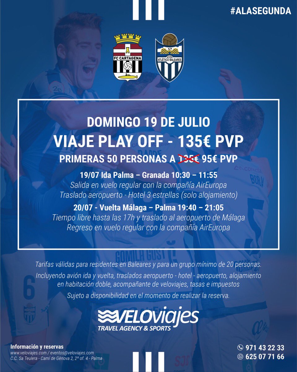 Tras recibir muchas peticiones, presentamos la oferta de viaje para el play off de ascenso #ALASEGUNDA ⚪️🔵 entre el <a href="/FCCartagena_efs/">FC Cartagena</a> y el <a href="/atleticbalears/">Atlético Baleares</a>. Plazas limitadas y oferta especial para las primeras 50 plazas, gentileza del club. Recordamos: Partido a puerta cerrada.