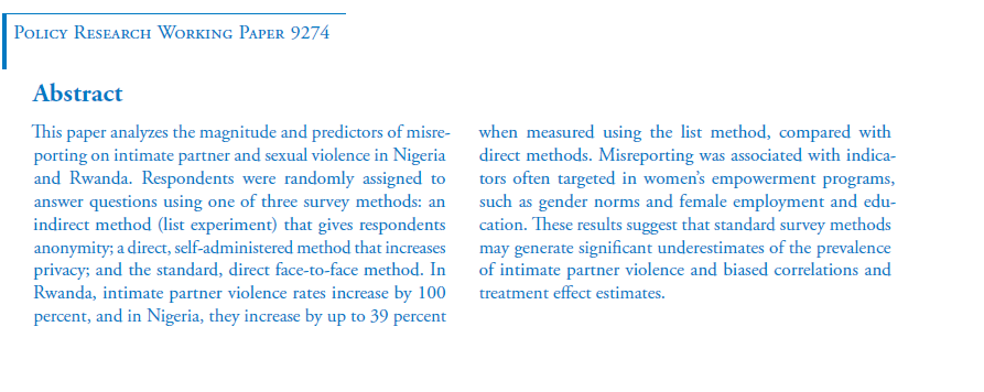 This paper is a neat new take allowing comparison of 2 methods aimed at reducing under-reportingOverall take away is the list outperforms audio-CASI & face-to-face by up to 100% in  #Rwanda & up to 39% in  #Nigeria [audio-CASI > face-to-face, but often difference is insig]4/n
