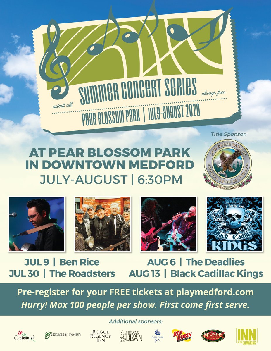 FREE CONCERT TICKETS AVAILABLE FOR JULY AND AUGUST!
First Concert: July 9th - Ben Rice
These are first come-first served live events where a ticket for entry is needed to attend. You can secure your FREE tickets at playmedford.com