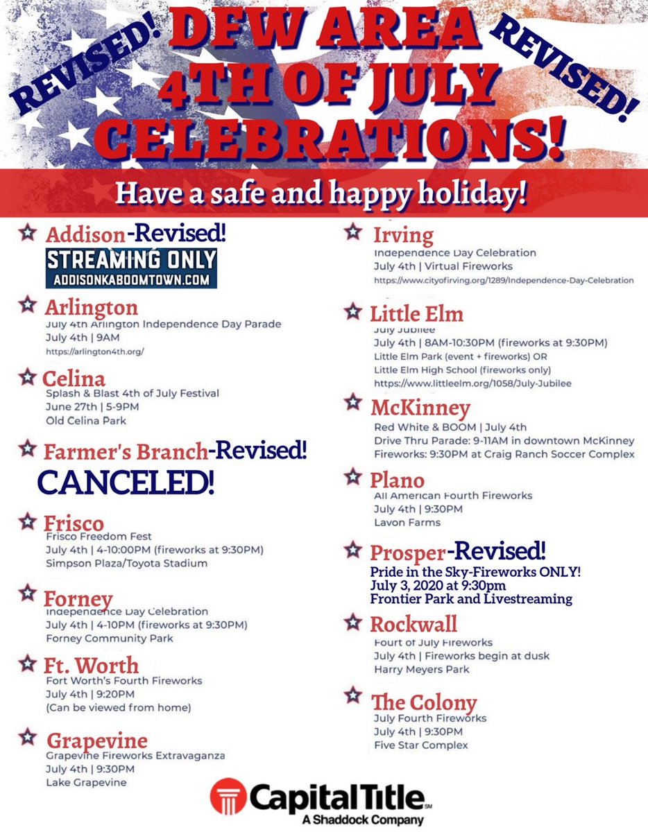darbymerriman's tweet photo. On the hunt for something fun to do to in DFW celebrate our nationβs independence? Check out this awesome list from our friends at Capital Title ππΊπΈ
#dwellwithdarby #closewithcapital #america https://t.co/MrLx9j7SSc