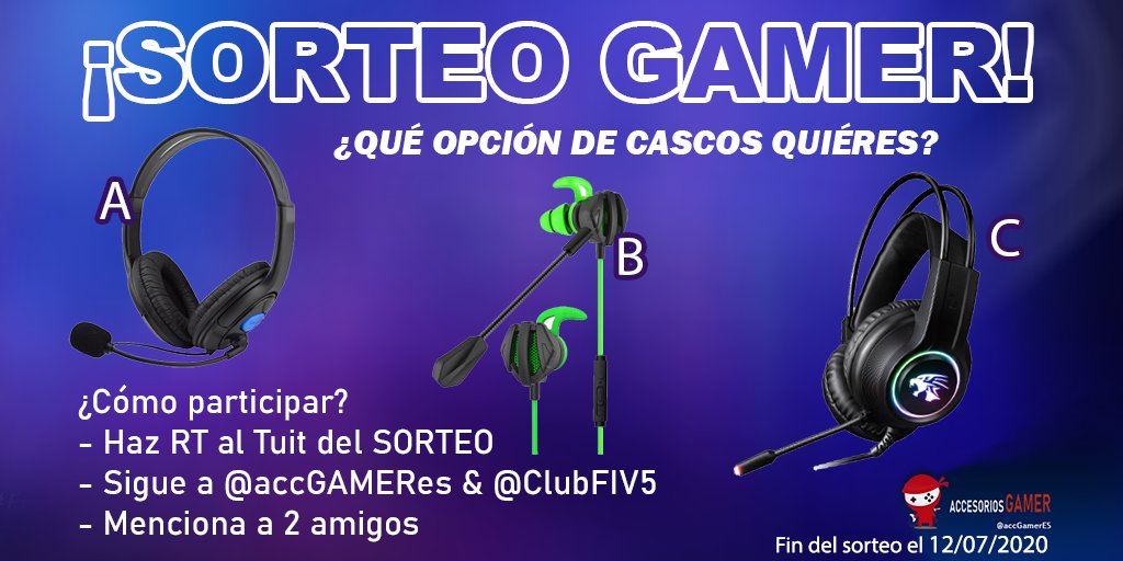 🎁#SORTEO DE UN ACCESORIO #GAMER 🎁

¿Cómo participar?
➡️Dar RT a este TUIT
➡️Seguir a <a href="/accGamerES/">AccesoriosGamer.com</a>
➡️Seguir a <a href="/ClubFIV5/">Club FIV5 - eSports</a>
➡️Mencionar a dos amigos

⏰Finaliza el 12/07/2020 

¡Suerte a todos! 💪