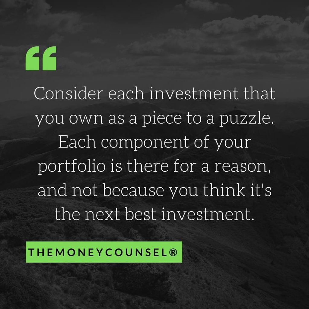 adnaanba's tweet photo. Consider each investment that you own as a piece to a puzzle. Each component of your portfolio is ther for a reason, and not because you think it’s the next best investment #themoneycounsel #moneytalks #moneymatters #moneytips #financialeducation #financialplanning https://t.co/eTNYdTvtp0