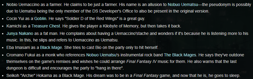 In FFIV DS you can find the secret Developer's Office, inhabited by the creators of the game. My favourite is the Nobuo Uematsu expy who pretends to be a farmer and says nothing else