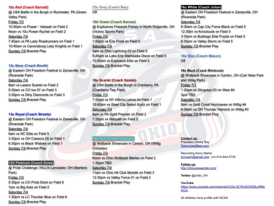 Wearing red, white and blue on Independence Day weekend? C'mon it doesn't get any better than that... Here is the weekend schedule for OH USSSA Pride