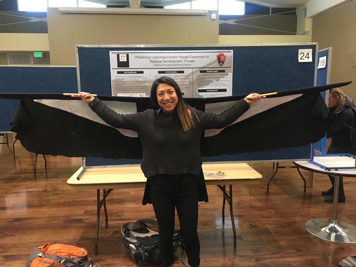 Big congrats to @AriannaPunzalan for a successful defense of her MS thesis today! She developed a great GIS tool for assessing wind energy development risks to recovering CA condors. Way to go Arianna! #birds #conservation #WomenInScience