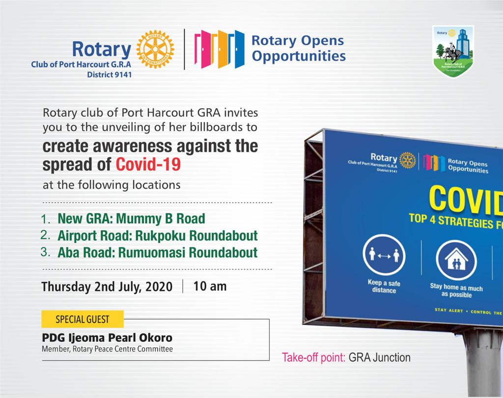 RDistrict9141's tweet photo. As people of Action the ROTARY CLUB OF PORT HARCOURT GRA  will be unveiling  three strategically located billboards in the heart of Port Harcourt city to create awareness about the dreaded Corona Virus also known as Covid-19. 

#RotaryOpensOpportunities 
#RotaryIsGood https://t.co/aYSgiJjMfy