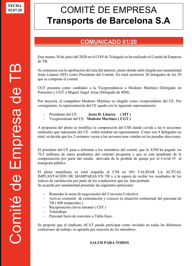 Comunicado Comité de Empresa Transports de Barcelona <a href="/UGTBusTMB/">Ugt Bus TMB</a> <a href="/CCOO_TB_BCN/">ccoo autobusos bcn</a> <a href="/CGTmetroBCN/">CGT metro Barcelona</a>  <a href="/acat_tb/">ACAT-TB</a> <a href="/ACTUB3/">ACTUB</a> <a href="/comunicacio_SIT/">SIT-BCN-BUS</a> <a href="/beteve/">betevé</a>