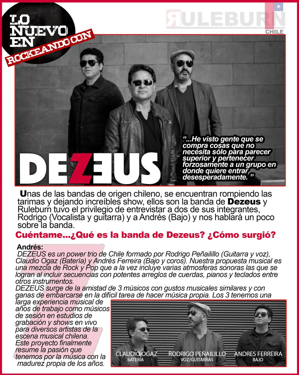 LO NUEVO EN ROCKEANDO 
con <a href="/DezeusBanda/">Dezeus Banda</a>
Desde Chile 🇨🇱

Link directo de la entrevista aquí:
m.facebook.com/story.php?stor…

#Rock #Chile #Ruleburn #Pop
