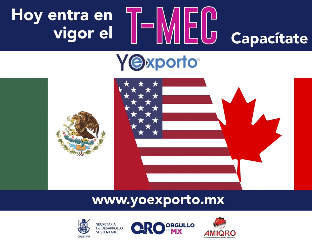 SEDESUQro's tweet photo. Ante la entrada en vigor del #TMEC, con la plataforma #YoExporto puedes capacitarte en materia de comercio exterior y fortalecer a tu PyME.
Regístrate en: https://t.co/DVtWquNobd https://t.co/DKbwojddHe