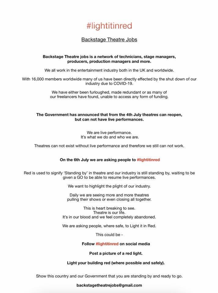 HIDdenTheatre's tweet photo. On Monday 6th July @backstage_jobs &amp; @ClearsoundPro are asking us all in #Theatre &amp; #Events to @LightItInRed to highlight the dire situation of all industries involved in  #LivePerformance.
#backstagetheatrejobs #LightItInRed https://t.co/swryYns0py