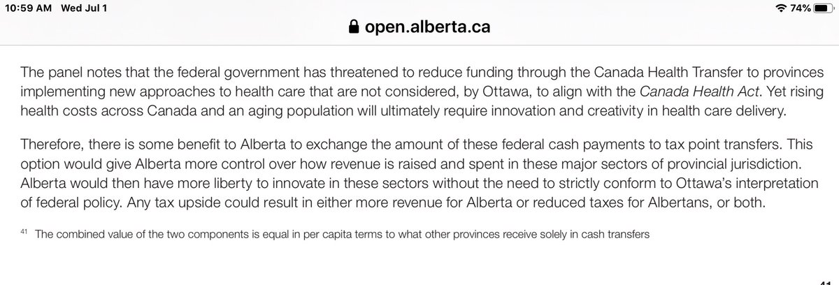 Transition to a free market economy is not yet complete, so additional measures need to be implemented before Alberta can reject federal transfers. But it’s clear the intention is to move to privately funded healthcare and education models funded additionally by public funds.
