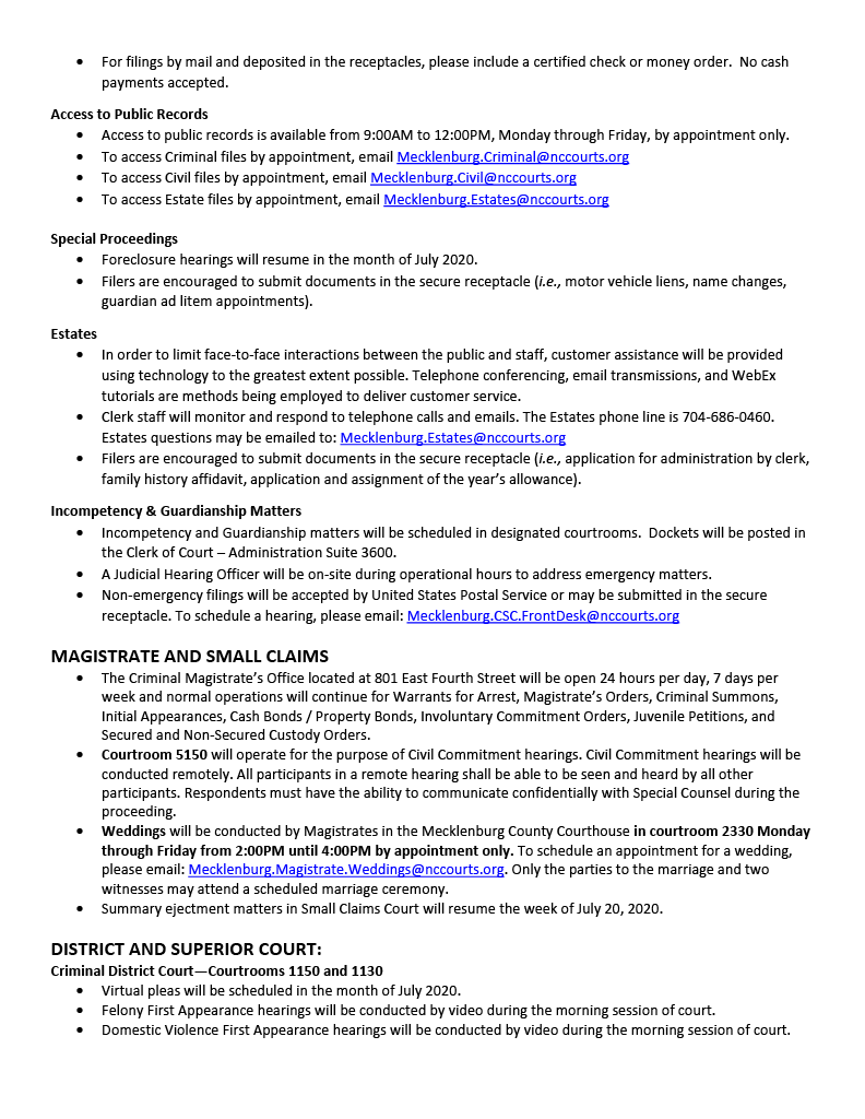MeckCourts's tweet photo. For Immediate Release:: Modified Court Operations for the month of July 2020. https://t.co/rvf7edyavJ