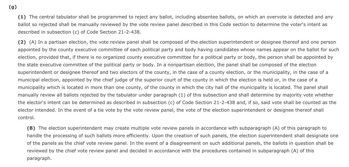 ...that's where § 21-2-483 (g), in the optical scanning code section, comes in. Counties have vote review panels that manually review ballots rejected by the scanner to determine voter intent. But scanners don't always flag/pick up marks that can cover a small % of the oval.