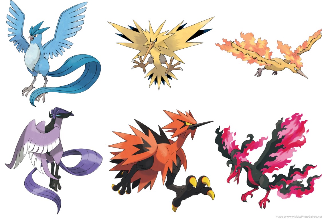 L to R): Articuno, Zapdoa & Moltres (L to R): Galarian versions of abov...