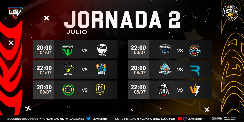 #LigaOroLGV |

Se confirman los partidos de la máxima liga de esta semana.🏅

MIERCOLES

<a href="/NV_GamingBR/">New Vision Gaming</a> vs <a href="/zwan_gg/">🦢Zwan Gaming🦢</a>
<a href="/ACE1gg/">ACE1</a> vs @_GODSTEAM

VIERNES

@TeamSixthGear vs <a href="/MetaGamingpy/">Meta Gaming 〽️</a>
<a href="/4LF4TEAM/">4LF4 TEAM</a> vs <a href="/CriMGamingGG/">CriM Gaming</a>

DOMINGO

@allknights_la vs <a href="/RysixGG/">Rysix Gaming</a>
@EvLGamingOK vs @GoVolta7

#PlayToLGV