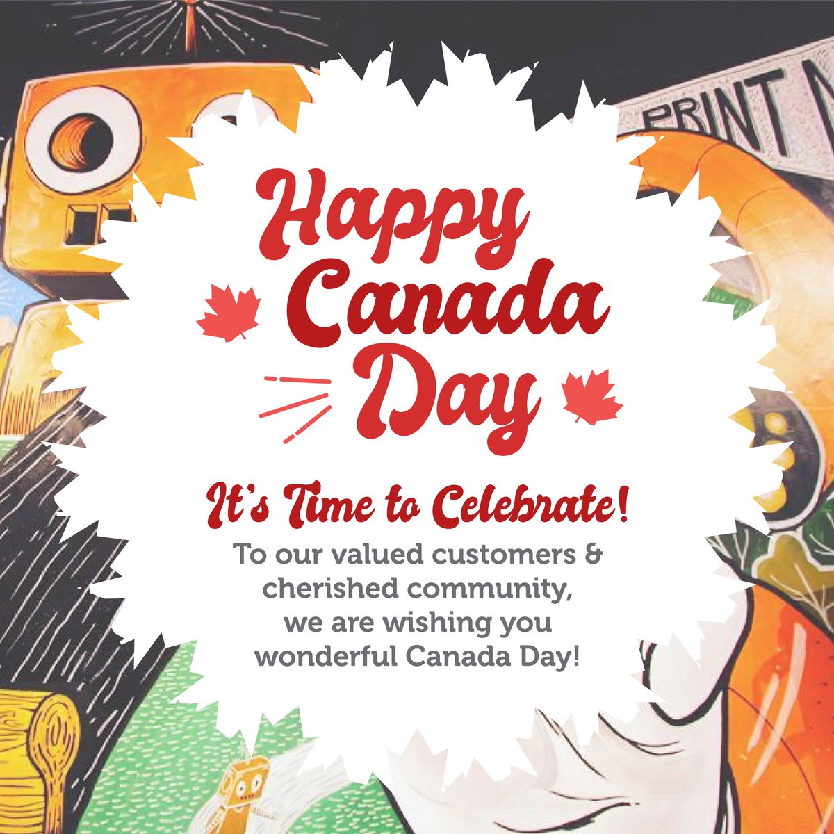 print_machine's tweet image. Happy Canada Day from the staff at Print Machine! 🤖
Thanks again to all of the businesses and individuals involved in recent campaigns &amp;amp; special thanks to everyone who has supported PM during these uncertain times. Without you guys, all of this wouldn’t be possible ❤️