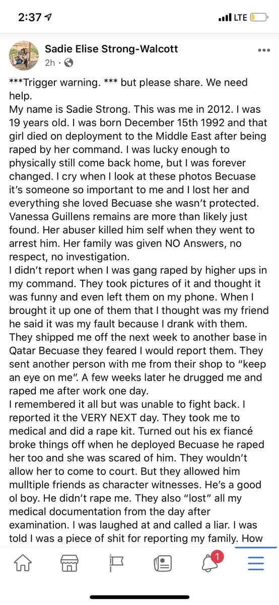 sadie1107's tweet photo. This is NOT an isolated incident! Share these stories. Fix this. Don’t let them sweep it under the rug! Let us be heard! #IAMVANESSAGUILLEN #vanesaguillen #military https://t.co/yFvcqTaLX8