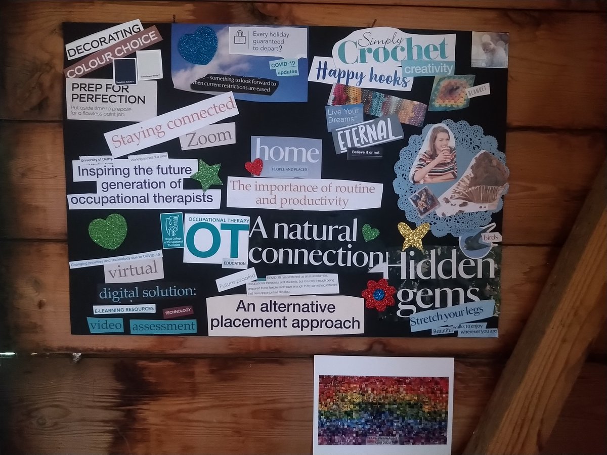 Ruth_Hawley's tweet photo. Great discussions & reflections today about the benefits & limitations of #OnlineGroups plus experiential learning of it using #MOHO #scrapbooking. An unusual way to use my @OTnews this month but I both valued the process and am chuffed by my new piece of home office art. https://t.co/2FtkI0GrqE