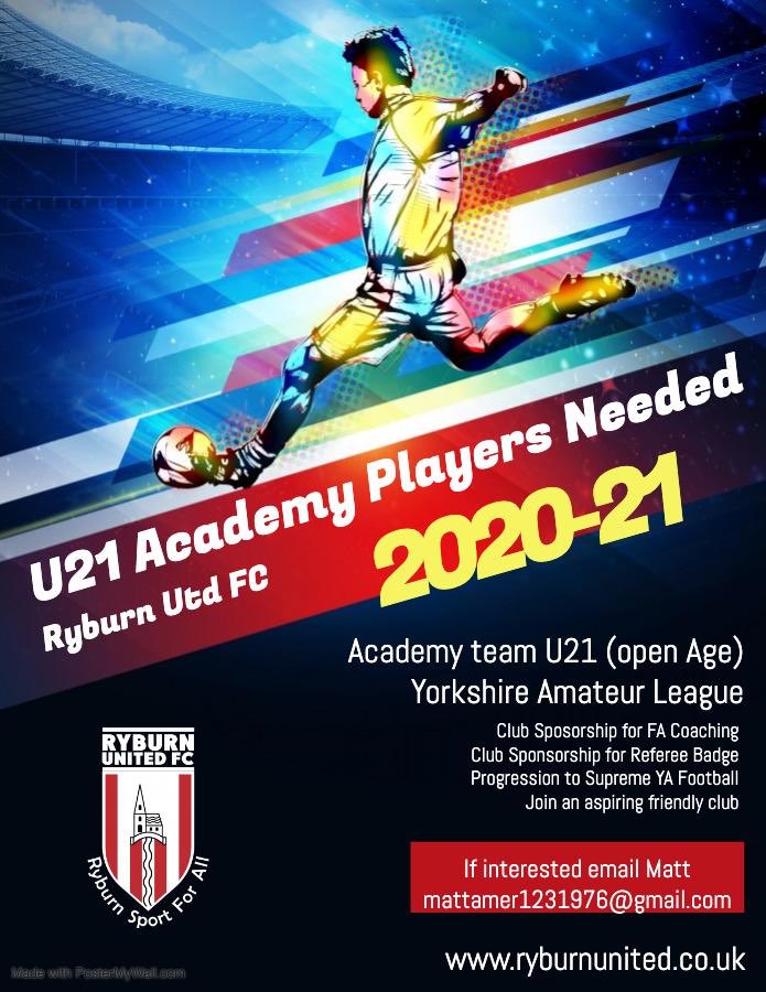 ***New Players Wanted*** Players wanted to join our new U21 Academy Team who will play in the Yorkshire Amateur League. If interested please send a direct message or contact Matt Amer on mattamer1231976@gmail.com