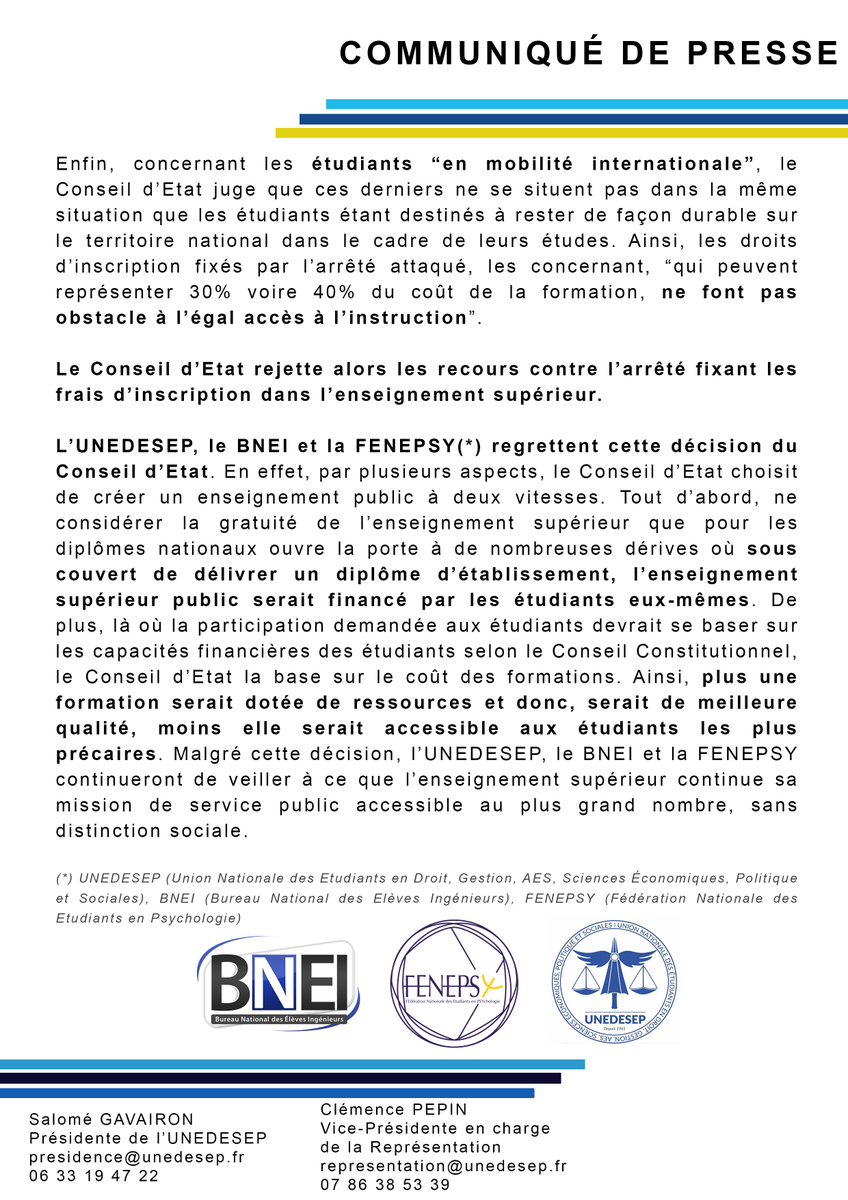 [COMMUNIQUÉ DE PRESSE]

📢 Ce mercredi 1e juillet, le Conseil d’Etat a rejeté le recours de l’UNEDESEP, du <a href="/BNEIassos/">BNEI - Bureau National des Élèves Ingénieurs</a>  et de la <a href="/FENEPSYassos/">FENEPSY</a>  contre l’arrêté fixant les frais d’inscription dans l’enseignement supérieur. 

1/2