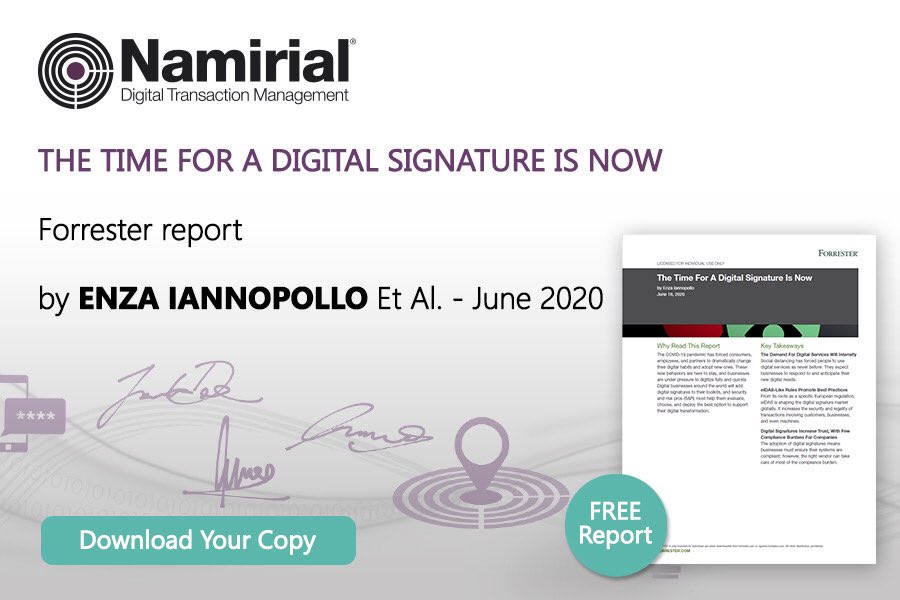NamirialGroup's tweet photo. For a limited time only accessible for free @Forrester Report by #analyst @eiannopollo The Time for a #DigitalSignature Is Now 🔏 feat. #eIDAS qualified #trustservices➡️https://t.co/HaPtXbwuUC #AnalystReport #ElectronicSignature #ESign #eSigning #QTSP #RemoteSignature #Signature https://t.co/Q6I0k7r3Mo