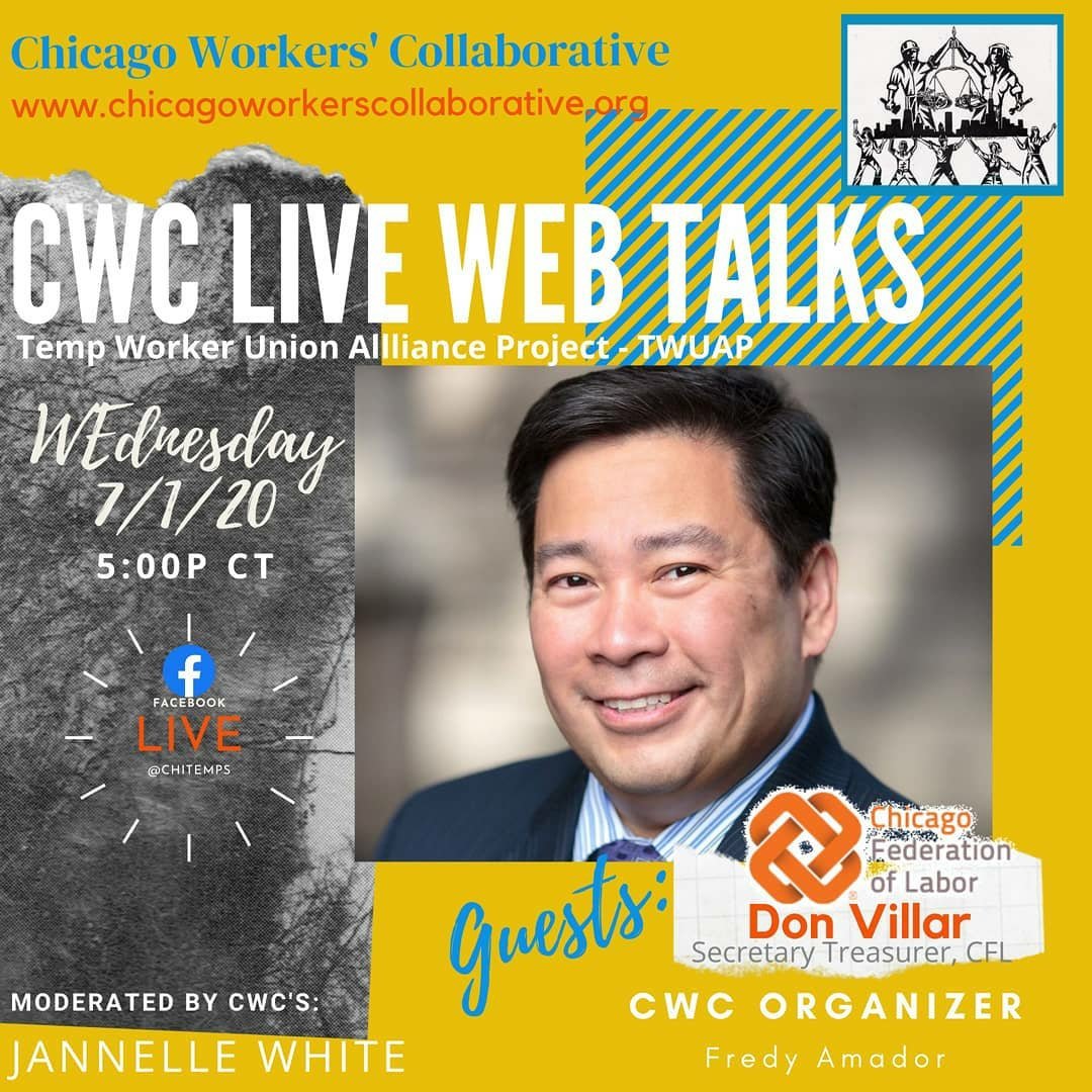 chi_temps's tweet photo. Join us TONIGHT, Wed July 1st at 5P CT in English, 5:30P CT in Spanish for our latest #ProtectILTemps Live Web Talks segment. Our guest is Don Villar, Sec. Treasurer of @chicagolabor. Moderated by @jlwmedia312. Tune in via Facebook live. https://t.co/k1H9fpZALr #CWC #CHITEMPS https://t.co/6Q1stOGICf