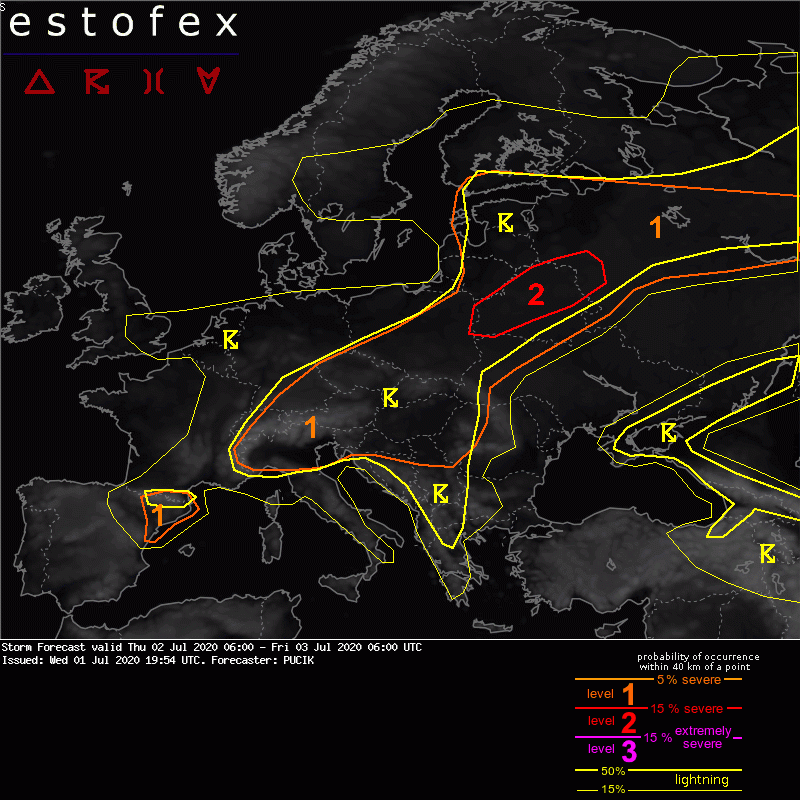 Estofex's tweet photo. Storm Forecast: Level 2 issued by Pucik for period Thu 02 Jul 2020 06:00 - Fri 03 Jul 2020 06:00 UTC - https://t.co/GYm6W0XMsy
 - https://t.co/2njsYJDqWz